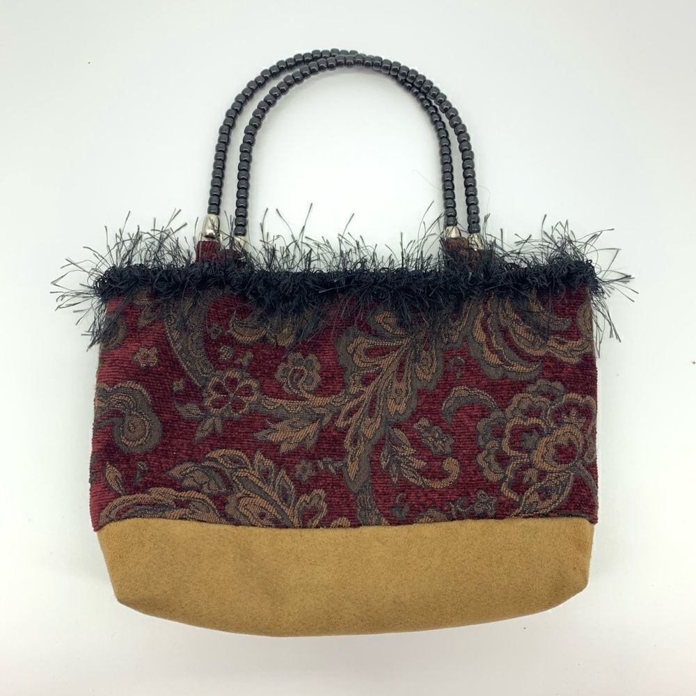 Vintage handmade bag burgundy paisley feathers resin top handle